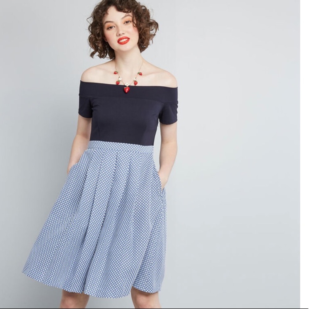 MODCLOTH Off-the-Shoulder Blue Pleated Poofy A-Line Dress
